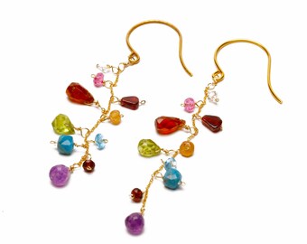 Rainbow semi precious gemstone earrings with multi color stones in garnet peridot carnelian amethyst aventurine and more