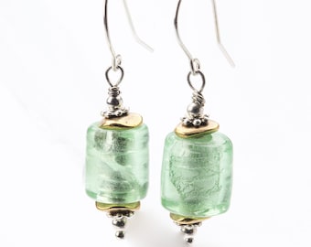 Dangling Green Glass and Brass Long Earrings On Nickel Free Silver Ear Wire