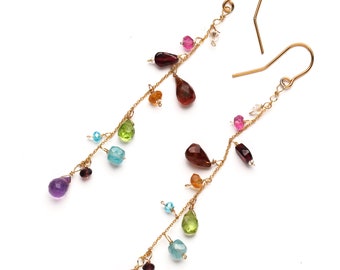 Rainbow semi precious gemstone earrings with multi color stones in garnet peridot carnelian amethyst aventurine and more