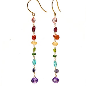 Rainbow semi precious gemstone earrings with multi color stones in aquamarine garnet peridot carnelian amethyst aventurine and more