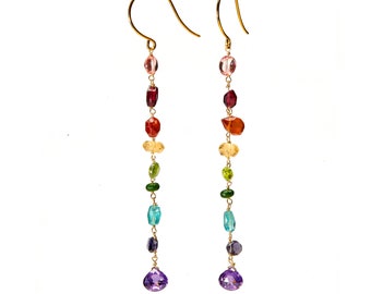 Rainbow semi precious gemstone earrings with multi color stones in aquamarine garnet peridot carnelian amethyst aventurine and more