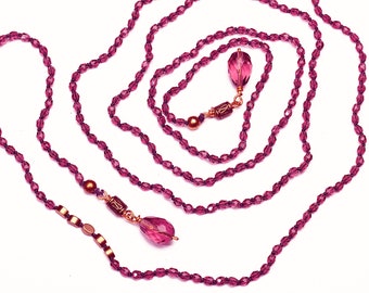 Long purple lariat necklace with Czech crystal glass and brass beads