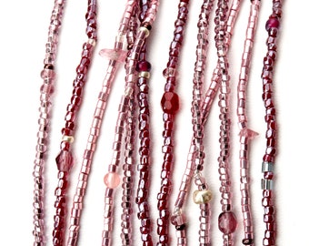 3 strand metallic Czech glass and semi precious stone long lariat necklace in pink fuchsia and purple tones 58 inches long