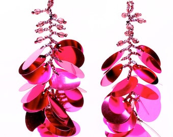 Long dangling statement earrings made with large colorful pink sequin paillettes on Nickel Free Silver French Ear Wire