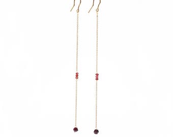 Long Gold Chain Earrings with Garnet Semi Precious Gemstones and Nickel Free Gold Tone French Ear Wire