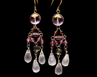 Natural pink gemstone chandelier earrings with mystic topaz garnet rose quartz amethyst and mystic sapphire