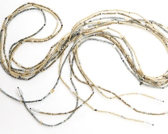3 strand metallic Czech glass and semi precious stone long silver lariat wrap necklace
