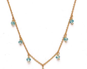 Tiny blue crystal and gold chain necklace