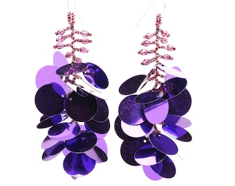 Long dangling statement earrings made with large purple sequin paillettes