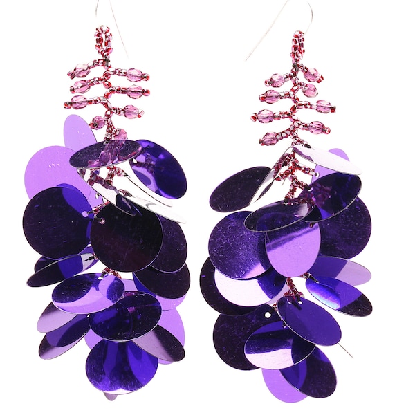Long dangling statement earrings made with large purple sequin paillettes