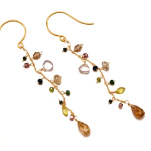 May include: Gold dangle earrings with a variety of gemstone beads, including clear, brown, green, and purple. The earrings feature a teardrop-shaped gemstone at the bottom.
