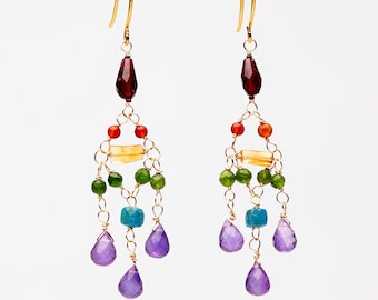 Rainbow gemstone dangling chandelier earrings with multicolor semi-precious natural gemstones