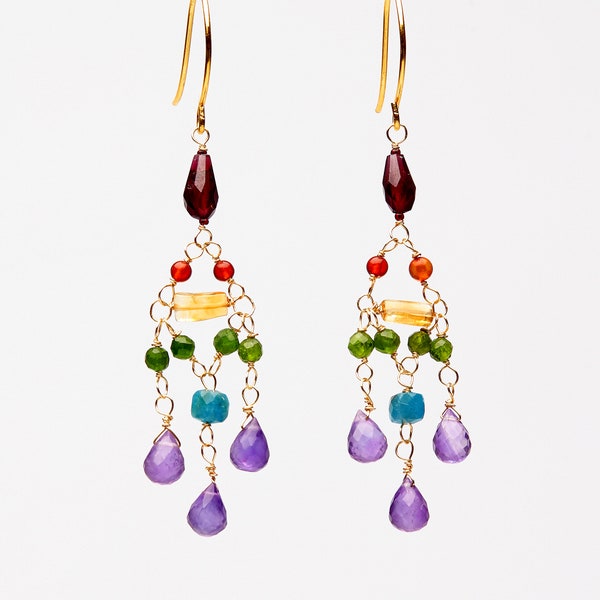 Rainbow gemstone dangling chandelier earrings with multicolor semi-precious natural gemstones