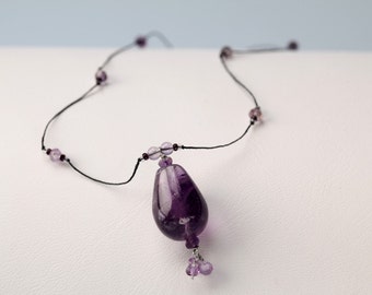 Purple Choker Necklace with Large Tear Drop Shape Amethyst and Amethyst Micro Beads