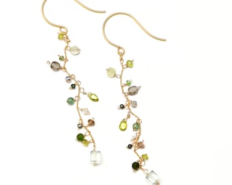 Green semi precious gemstone earrings with tourmaline pearls moss aquamarine peridot fluorite diopside aventurine and crystals