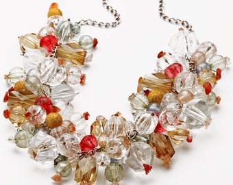 Giant oversized statement necklace with colorful chunky acrylic beads and carnelian chips.