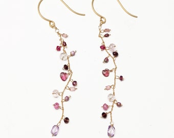 Pink semi precious gemstone earrings with tourmaline garnet amethyst phosphosiderite rose quartz pink pearl garnet and Swarovski crystal