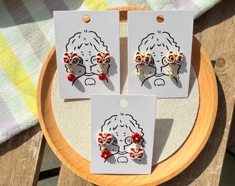 Lion Dance Earrings: Golden Bell, Red Flower - Lunar New Year