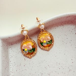 Enamel Floral Pearl Stud Earrings: Handmade Gold Flower Jewelry