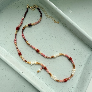Red Bead & Pearl Gemstone Necklace: Handmade Adjustable Jewelry