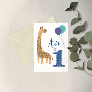 Carte de voeux bleue personnalisée pour le premier anniversaire de bébé pour le nom de bébé garçon fille