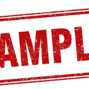 May include: A red and white rectangular stamp with rounded corners. The word "SAMPLE" is printed in bold, distressed red letters. The stamp has a textured appearance, suggesting a vintage or worn design.