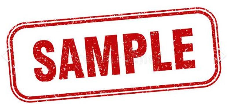 May include: A red and white rectangular stamp with rounded corners. The word "SAMPLE" is printed in bold, distressed red letters. The stamp has a textured appearance, suggesting a vintage or worn design.