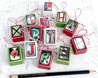 Custom Ornament Wood, Christmas Ornament, Red and Green Ornament, Initial Ornament, Wooden Ornament, Picture Letter Ornament, Small Ornament