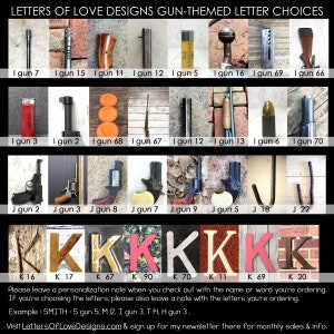 May include: A collection of gun-themed letter choices for crafting personalized gifts. The letters are made from various gun parts, including barrels, bullets, and casings. The letters are displayed on a wooden background. The image includes the text "LETTERS OF LOVE DESIGNS GUN-THEMED LETTER CHOICES".