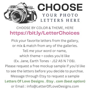 Puede incluir: Imagen promocional de letras fotogr&aacute;ficas personalizadas. Presenta una ilustraci&oacute;n de c&aacute;mara vintage y el texto &laquo;ELIGE TUS LETRAS FOTO AQU&Iacute;&raquo;. El texto anima a los clientes a elegir letras por color y tema, con un enlace a una galer&iacute;a.