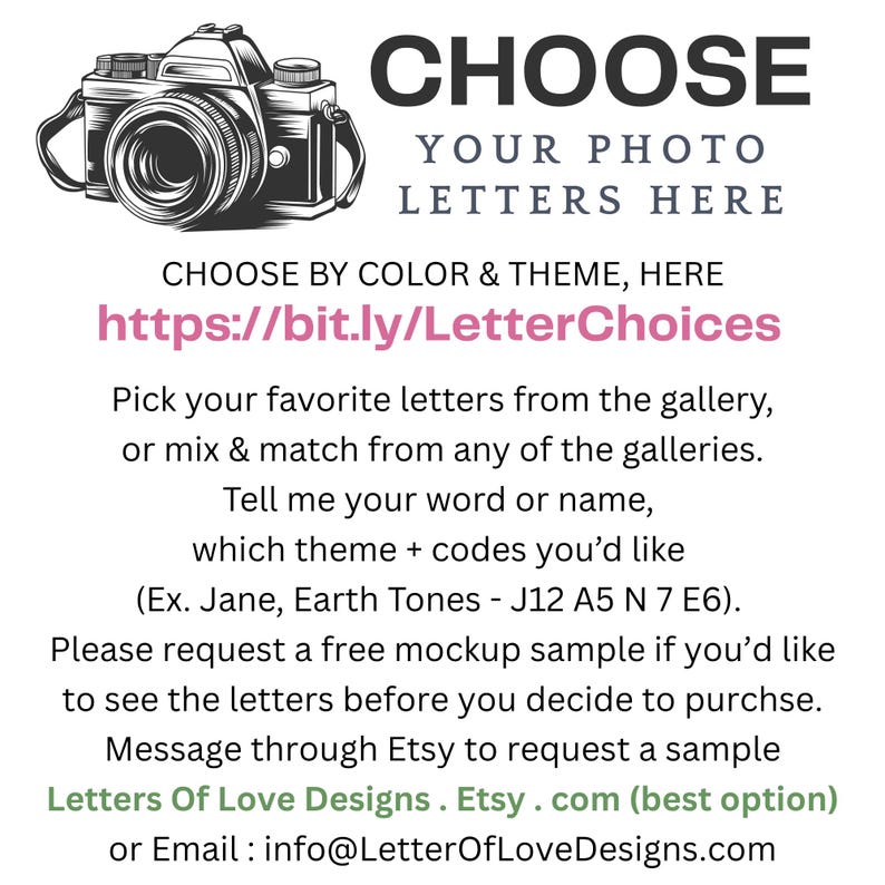 Puede incluir: Imagen promocional de letras fotogr&aacute;ficas personalizadas. Presenta una ilustraci&oacute;n de c&aacute;mara vintage y el texto &laquo;ELIGE TUS LETRAS FOTO AQU&Iacute;&raquo;. El texto anima a los clientes a elegir letras por color y tema, con un enlace a una galer&iacute;a.