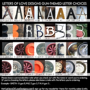May include: A chart of gun-themed letter choices for personalized gifts. The letters A, B, C, and D are shown in various styles, including gun barrels, bullet casings, and clay shooting targets. The chart includes the letter, the style, and a number for each letter.