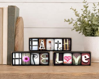 Faith Hope Love Sign Set, Christian Home Decor, Inspirational Shelf Signs, Farmhouse Faith Decor, Christian Gift for Women, Bible Decor
