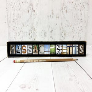 Massachusetts Gift, State Sign Wall Art, Massachusetts Home Decor, Travel Gift, Photo Letter Art, Handmade State Name Sign, Made in USA