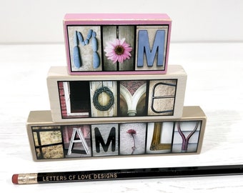 Mother's Day Gift Ideas, Gift for Mom Gift, Gift Set, Mom Sign, Spring Gifts, Spring Decor, Wooden Sign Set, Love Sign Family Sign Pink Sign