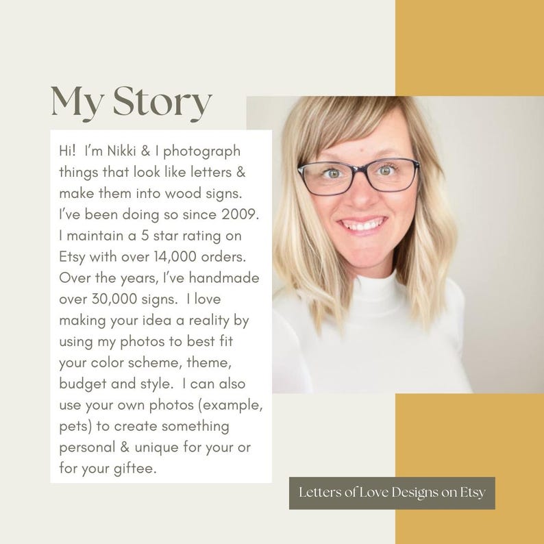 Puede incluir: Imagen promocional con el texto "My Story" y una foto de una mujer sonriente con gafas. El texto describe la tienda Etsy del vendedor, que crea letreros de madera con fotos. La tienda tiene m&aacute;s de 14.000 pedidos y una calificaci&oacute;n de 5 estrellas.