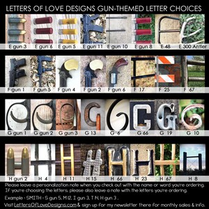 May include: A collage of images showing different letter designs made from guns and other gun-related items. The letters are E, F, G, and H. The image includes the text "LETTERS OF LOVE DESIGNS GUN-THEMED LETTER CHOICES".