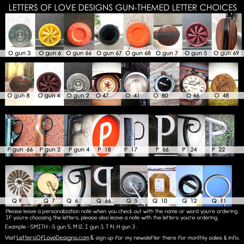 May include: A chart showing different designs for letters of the alphabet, using gun-themed imagery. The letters are O, P, and Q. The image includes text that says "Letters of Love Designs Gun-Themed Letter Choices".