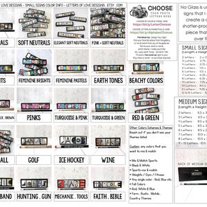 May include: A display of small signs with various color schemes and themes. Each sign features letters arranged to spell out words, resting on a pencil. Themes include "Neutrals," "Brights," and "Baseball."