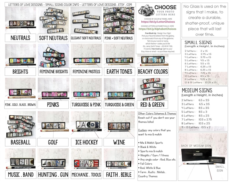 May include: A display of small signs with various color schemes and themes. Each sign features letters arranged to spell out words, resting on a pencil. Themes include "Neutrals," "Brights," and "Baseball."