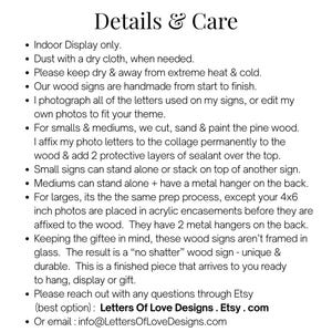 Puede incluir: Texto sobre fondo blanco con "Detalles y cuidado". Instrucciones para letreros de madera, incluyendo exhibici&oacute;n en interiores, limpieza y protecci&oacute;n contra el calor y el fr&iacute;o. Los letreros son hechos a mano.