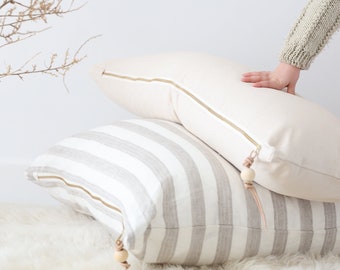 Floor Pillow - Big Linen pillow with oatmeal and natural stripes finished with an exposed golden zipper -  Free Shipping to USA