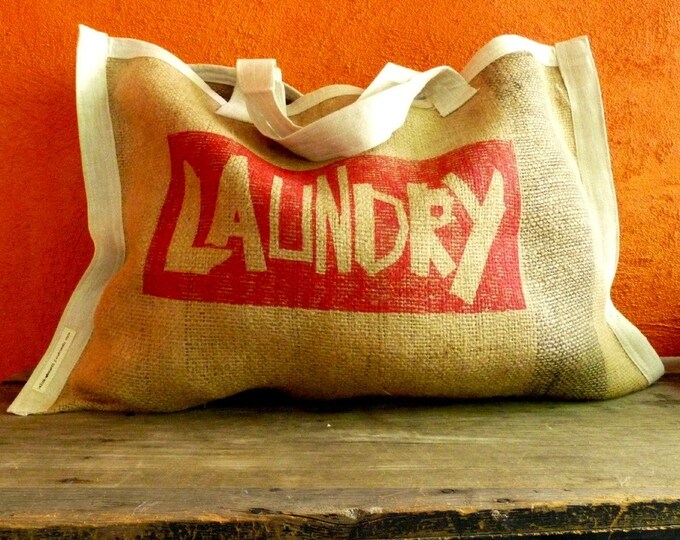 LAUNDRY BAG Used Burlap Coffee Bag and Linen Fully Handcrafted Handscreen Printed Ecofriendly