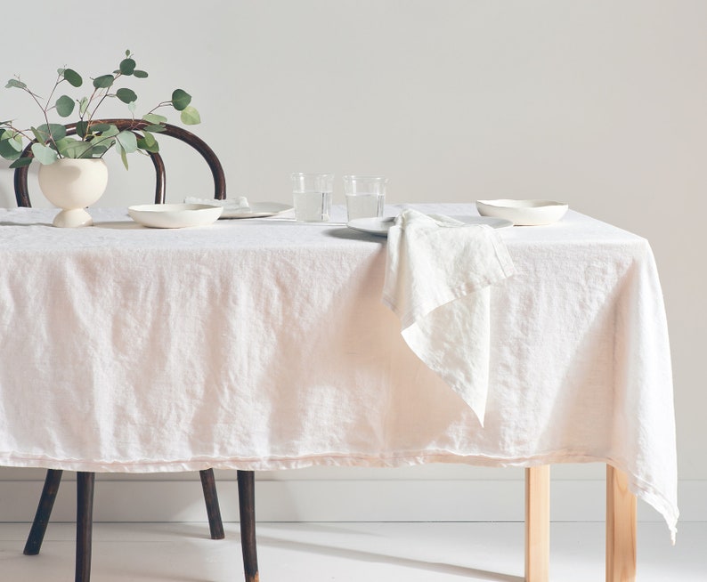 Delicious Off-white Linen Tablecloth Pink stitching image 1