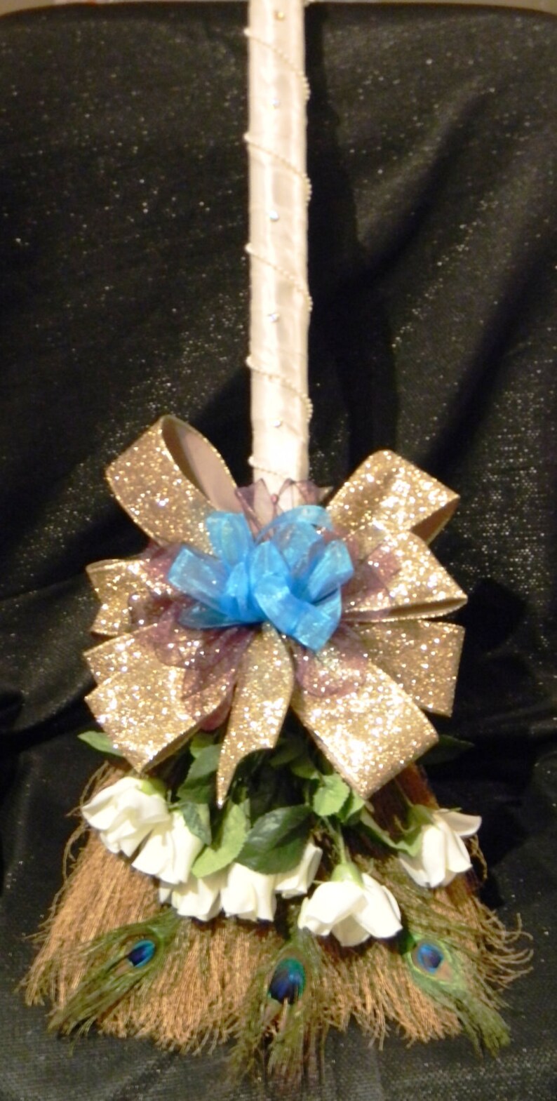 Decorative Wedding Broom With White Roses Peacock Feathers Etsy