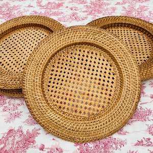 Honey-colored Rattan and Cane Underplate, natural, rattan underplate, wicker, round underplate, vintage kitchen,