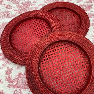 Rattan and Cane Underplate in Red, natural color, rattan underplate, wicker, round underplate, vintage kitchen,