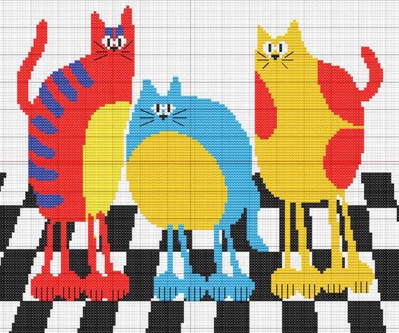 Pop Art Cats Cross Stitch Pattern - "Checkered Floor Felines" - Modern Design - Instant PDF Download
