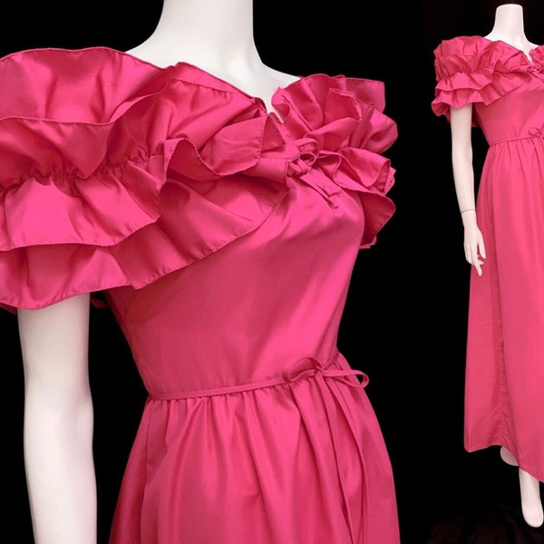 Vintage 70s XS Bianchi Boston fuchsia hot pink bridesmaid prom maxi with detachable ruffled shoulder wrap taffeta bust 33"/waist 24"