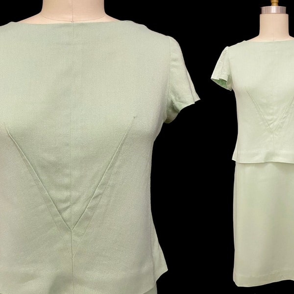 Conjunto de vestido verde mod vintage de los años 60 M, primavera-verano en tonos pastel, con escote de chevron y detalle de pinzas en la parte superior, falda con cremallera lateral, talla M busto 40/ cintura 29/ caderas 42